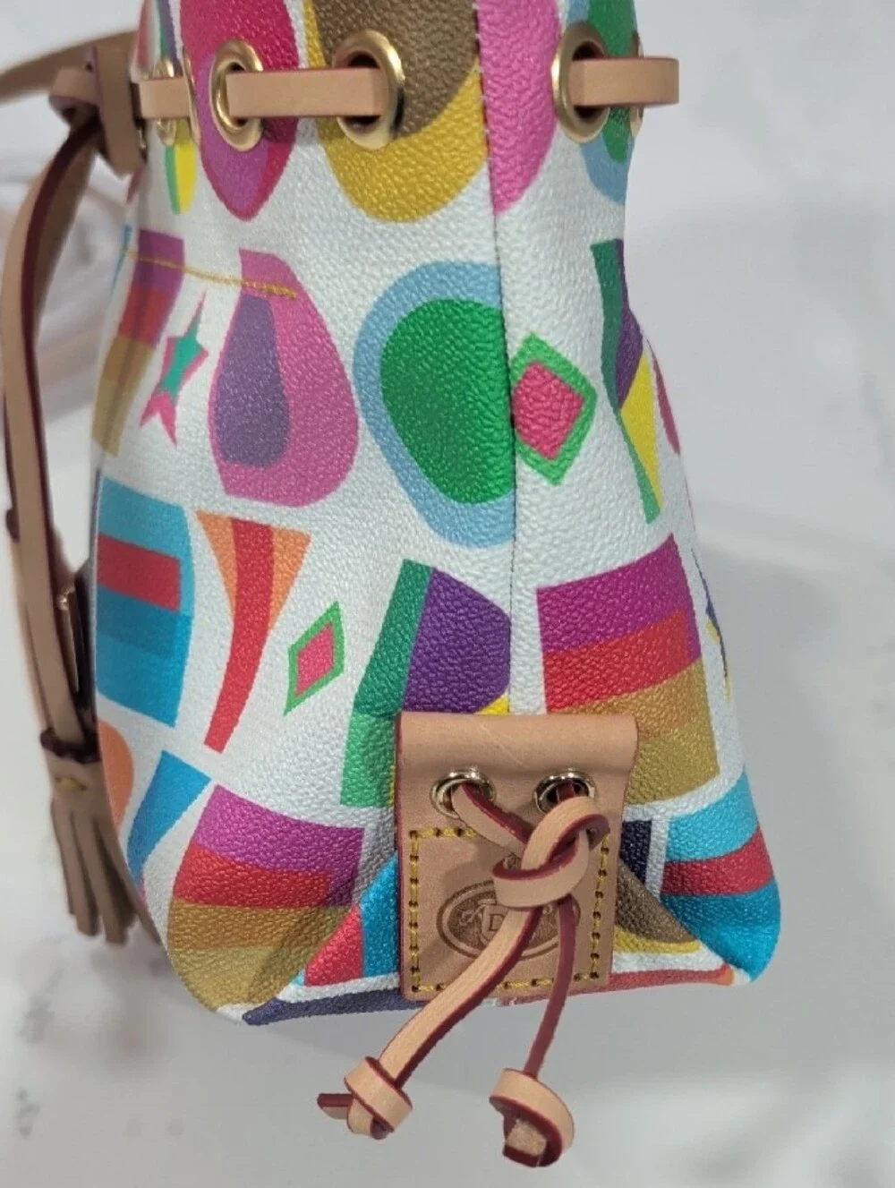 Dooney & Bourke Multicolor Art Deco Small Tassel Tote with Tan Leather